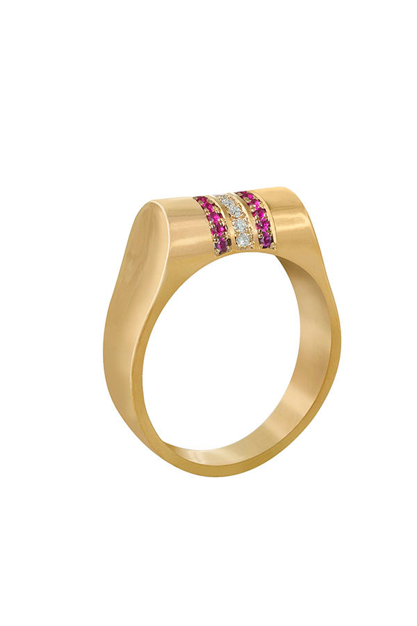 Edge Only Ruby and Diamond High Top Ring in solid 14ct gold