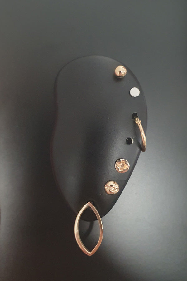 14ct gold Marquise Slice Earring, Mini Flat-head, Cross-head screw earrings, 12mm sleeper hoop, silver circle labret and 4mm gold ball ear stack on a black magnetic ear