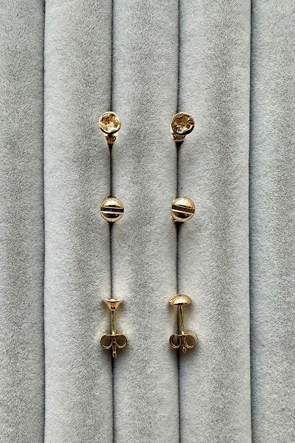 Edge Only 14ct gold mini Cross-head and Flat-head screw earrings with front and side profile