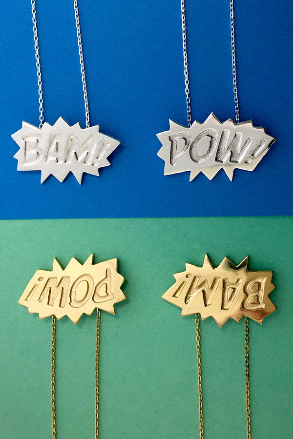 Edge Only BAM and POW Pendants in Sterling Silver and 18ct gold vermeil