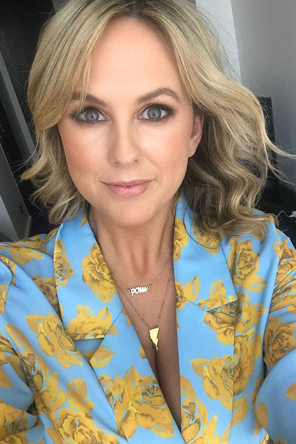 Cassie Stokes VIP STyle Awards 2018. Edge Onl POW! Letters Necklace and Tripe Bolt Pendant in 18ct gold vermeil