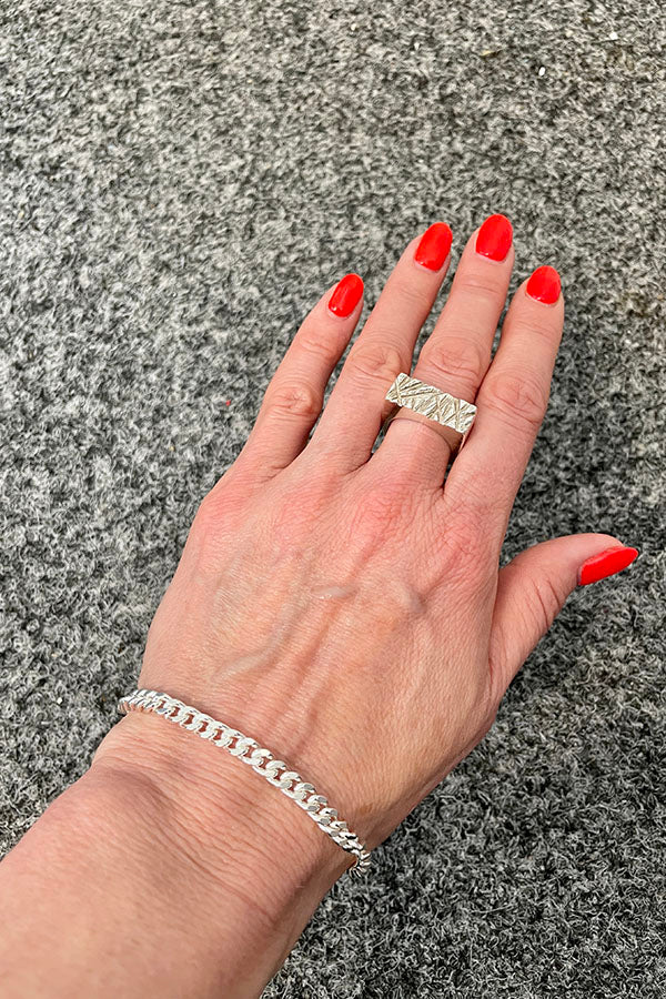 Edge Only Flat Oval Link, Diamond Cut Curb and Heavy Curb Bracelet and Rugged Ring in recycled sterling silver