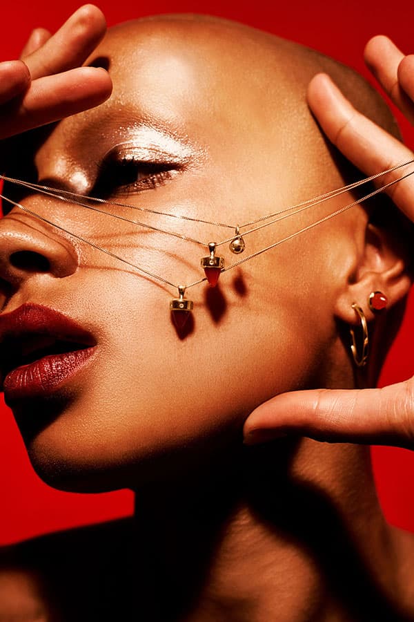 Edge Only Diamond Carnelian Bullet Pendant in 9 carat recycled gold and Teardrop Pendant in 14ct gold
