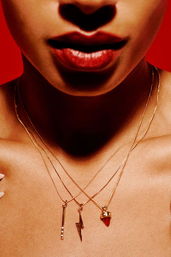 Edge Only 9ct gold Diamond Bar Pendant recycled gold with Mini Pointed Lightning Bolt and Carnelian and Diamond Pendant