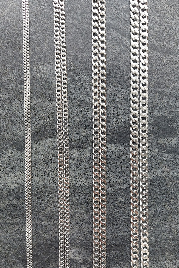 Edge Only 2mm, 3.7mm, 4.75mm, 5.75mm Curb Chains in sterling silver