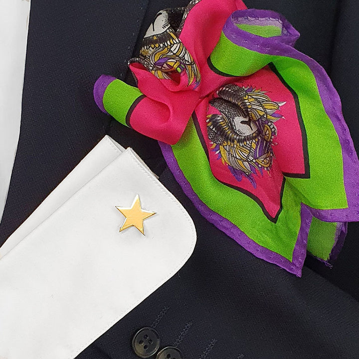 Edge Only Star Cufflinks in 18ct gold vermeil Debbie Millington Silk pocket square jester