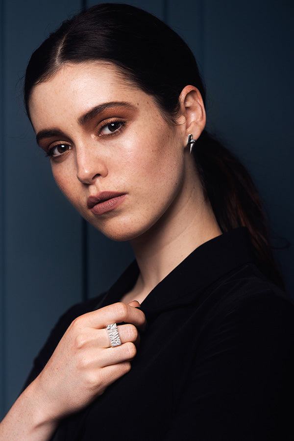 Edge Only 3D Flat Top Lightning Bolt Earrings and Rugged Ring  in Sterling Silver