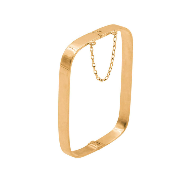 Edge Only Hinged Rectangular Bangle in 18ct gold vermeil closed with safety chain