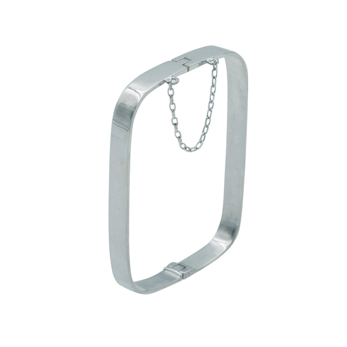 Edge Only Hinged Rectangular Bangle in sterling silver closed with safety chain