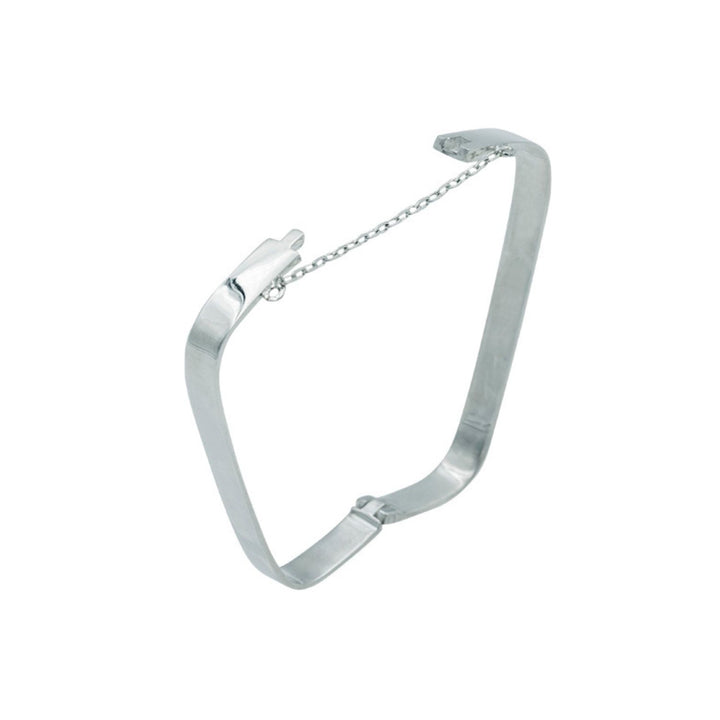 Edge Only Hinged Rectangular Bangle in sterling silver open with safety chain