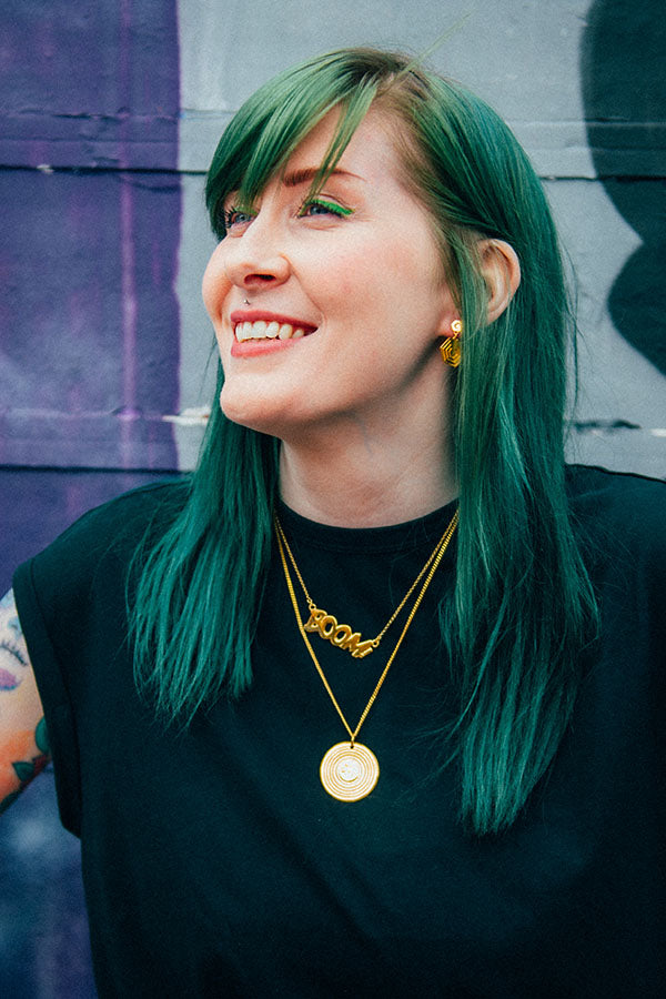 Edge Only Hexagon Drop Earrings, BOOM! Necklace and Vinyl Pendant 60cm in 18ct gold vermeil