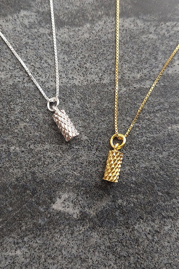 Edge Only Diamond Cut Cyclinder Pendant in sterling silver and 18ct gold vermeil with box chain.