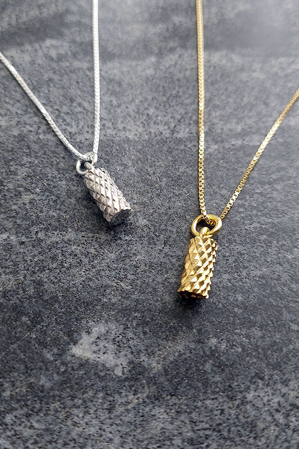 Edge Only Diamond Cut Cyclinder Pendant in sterling silver and 18ct gold vermeil with box chain.