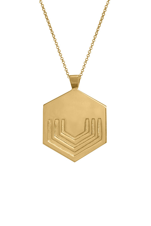 Edge Only Hexagon pendant Long in 18 carat gold vermeil on a Belcher chain. EOxLH