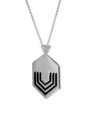Edge Only Hexagon pendant Long in black on a sterling silver Belcher chain. Image from the side. EOxLH