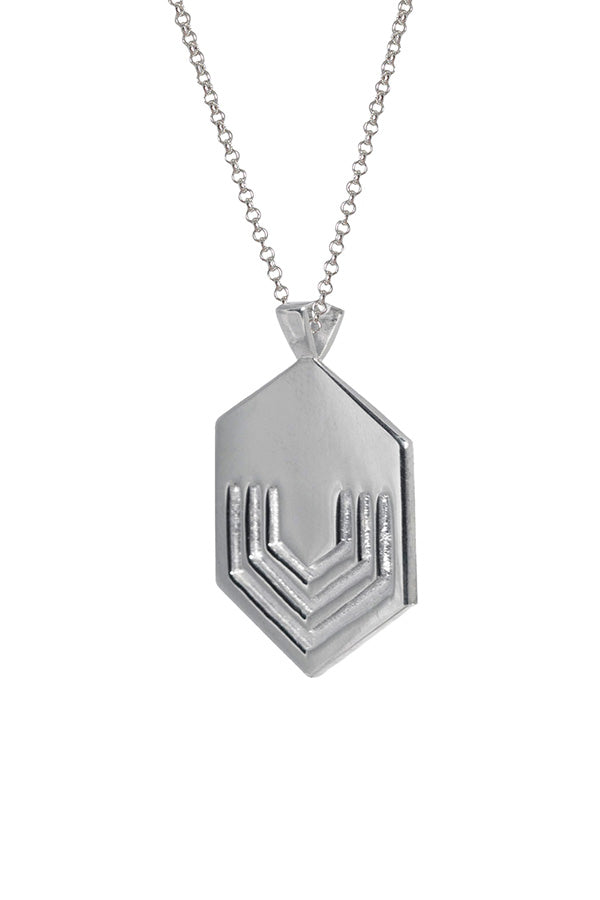Edge Only Hexagon pendant Long in Silver on a Belcher chain picture from the side. EOxLH