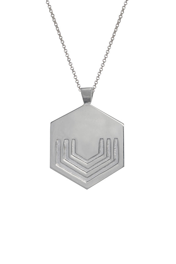 Edge Only Hexagon pendant Long in Silver on a Belcher chain. EOxLH
