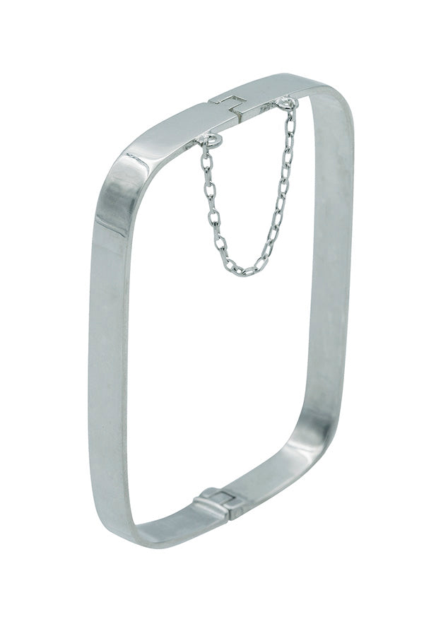 Edge Only Hinged Rectangular Bangle in sterling silver closed with safety chain