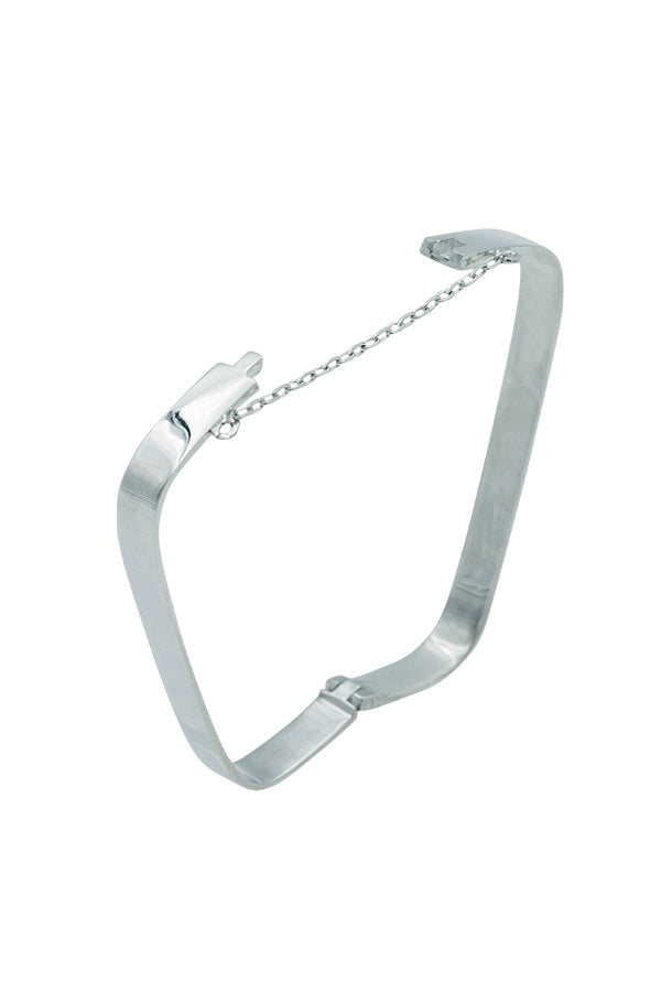 Edge Only Hinged Rectangular Bangle in sterling silver open with safety chain
