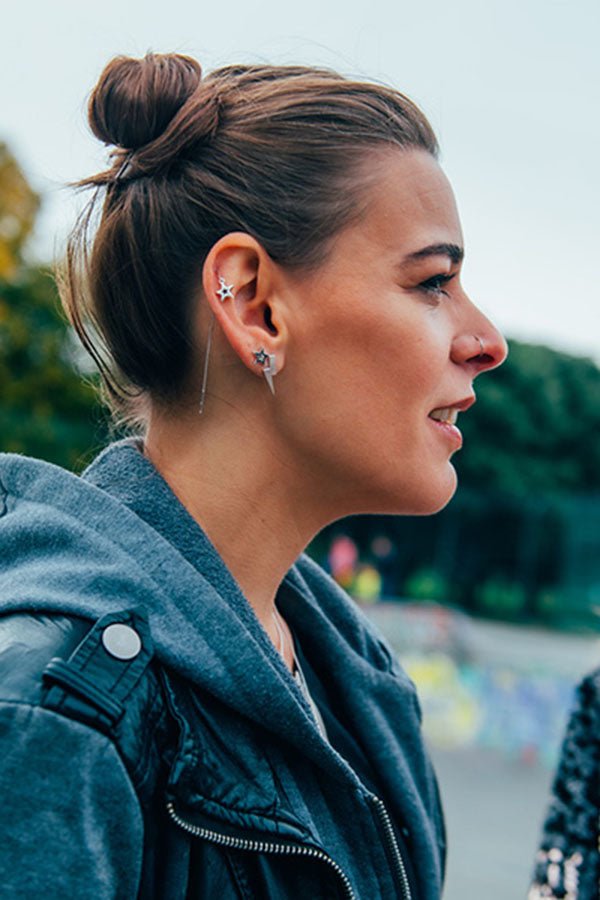 Edge Only Megastar Ear Threader black oxidised sterling silver, Megastar Stud Earrings and Flat Top Lightning Bolt Earrings in sterling silver