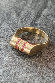 Edge Only Ruby and Diamond High Top Ring in 14 carat gold. 