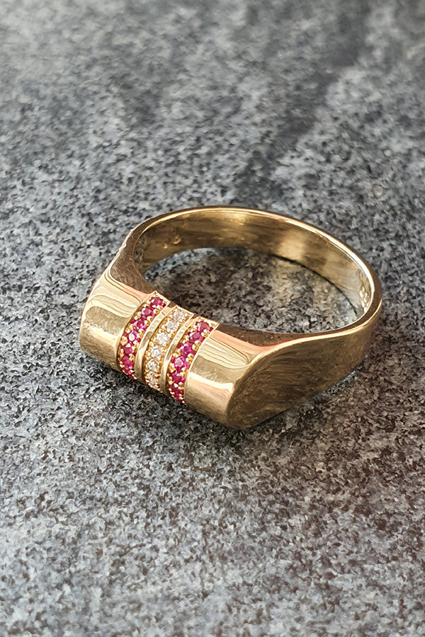Edge Only Ruby and Diamond High Top Ring in 14 carat gold. 
