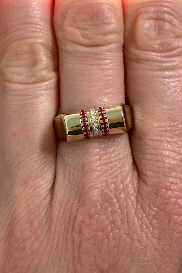 Edge Only Ruby and Diamond High Top Ring in 14ct gold