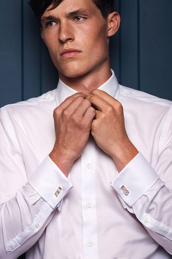Edge Only Rugged Cufflinks in 100% recycled terling Silver. Modelled on a white dress shirt.