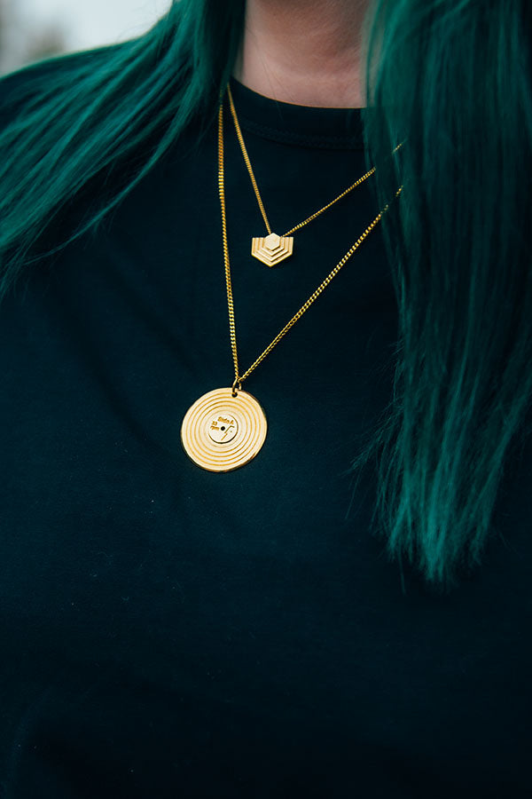 Edge Only Abstract Hexagon Pendant and Vinyl Pendant 60cm in 18ct gold vermeil