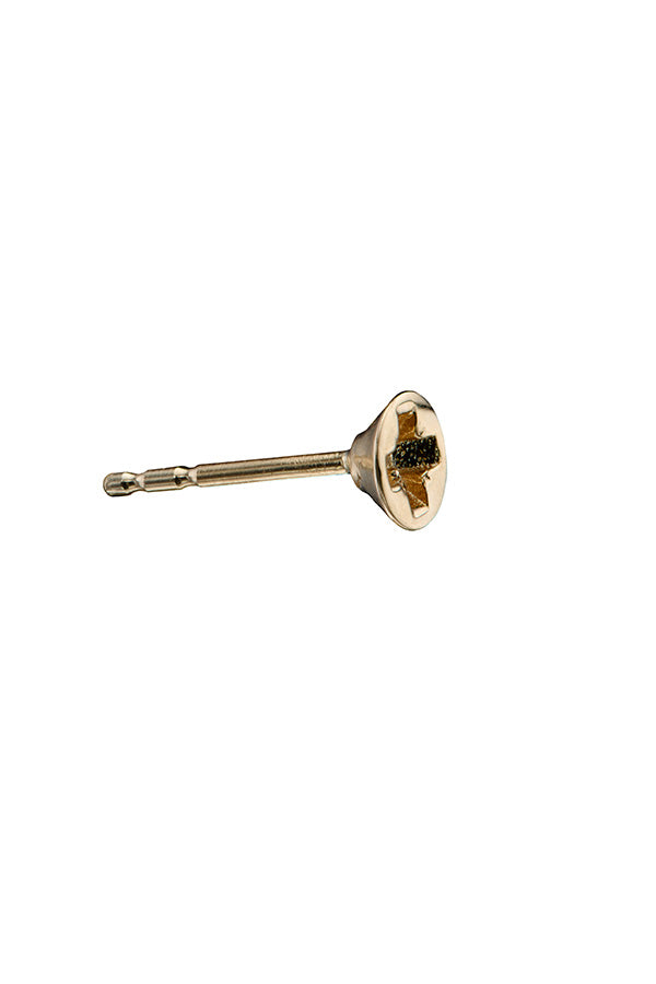 Edge Only mini Cross-head screw earring in solid 100% recycled 14 carat gold. side view 