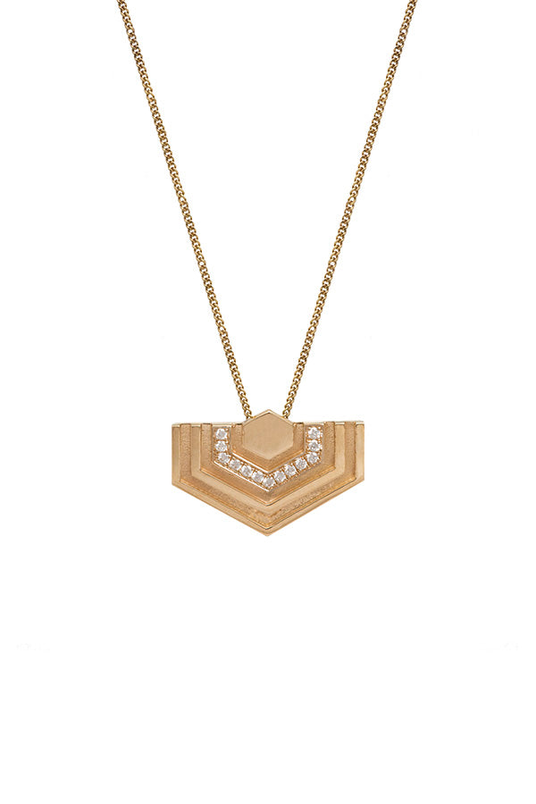 Edge Only Diamond Abstract Hexagon Pendant in 14 Carat recycled gold. Fine jewellery necklace