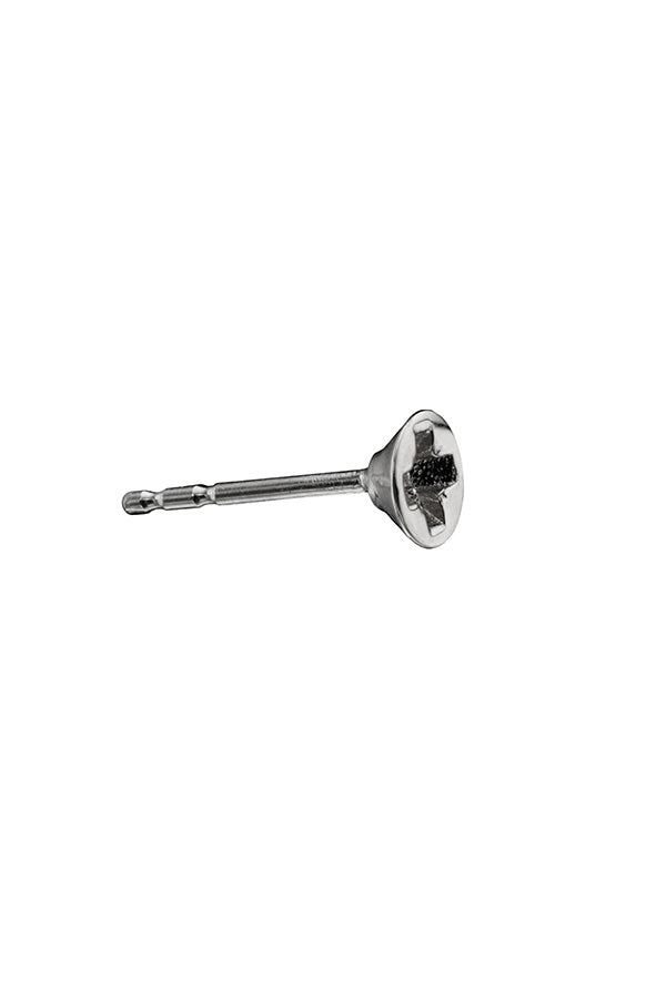 Edge Only mini Cross-head screw earring in solid 100% recycled 14 carat white gold. Rhodium Plated. Side view