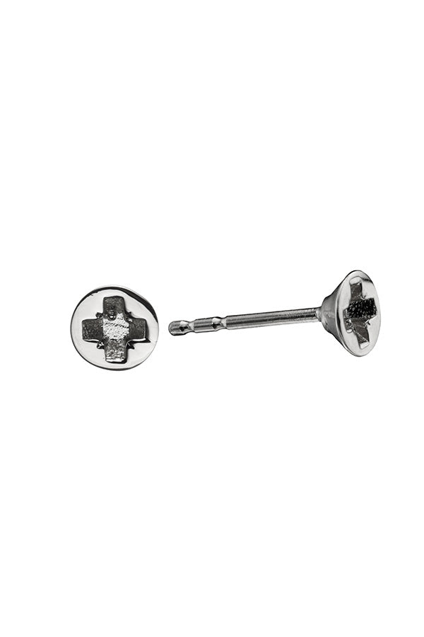 Edge Only mini Cross-head screw earrings in solid 100% recycled 14 carat white gold. Rhodium Plated. Side View