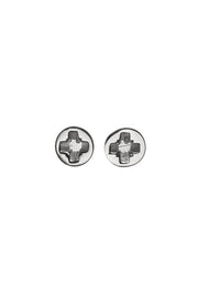 Edge Only mini Cross-head screw earrings in solid 100% recycled 14 carat white gold. Rhodium Plated.