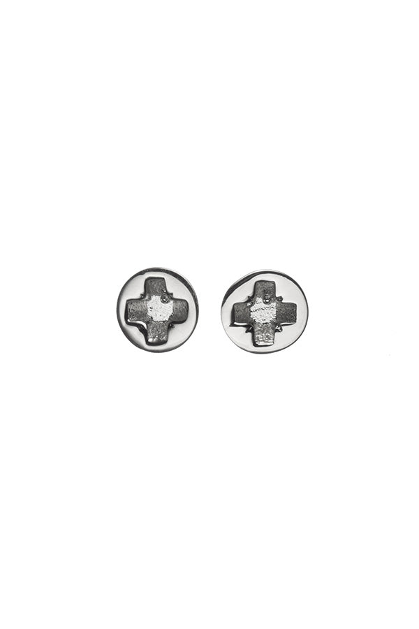 Edge Only mini Cross-head screw earrings in solid 100% recycled 14 carat white gold. Rhodium Plated.