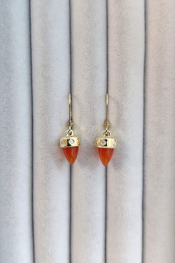 Edge Only 9ct gold Carnelian and Diamond Drop Earrings on velvet. Sustainable recycled gold. 