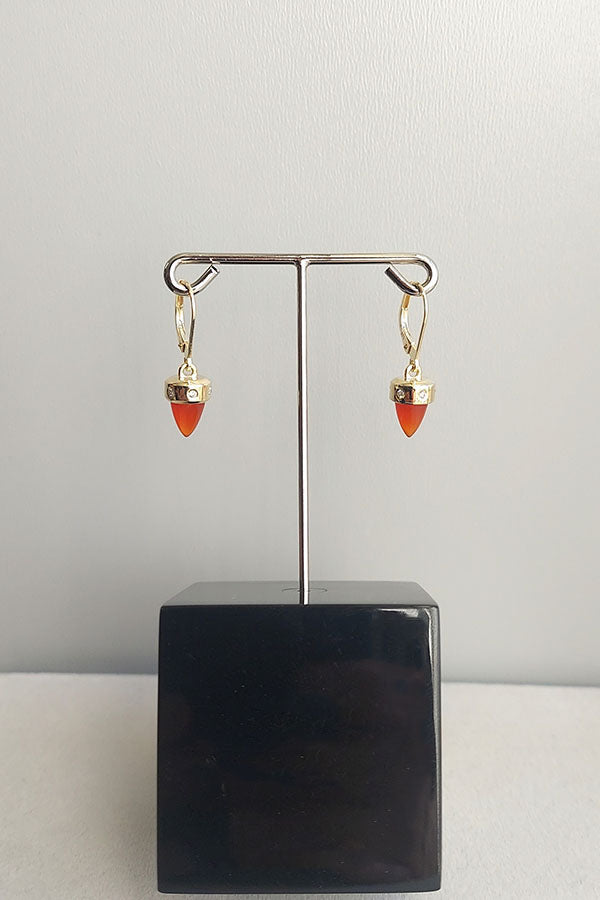 Edge Only 9ct gold Carnelian and Diamond Drop Earrings on stand. Sustainable recycled gold. 