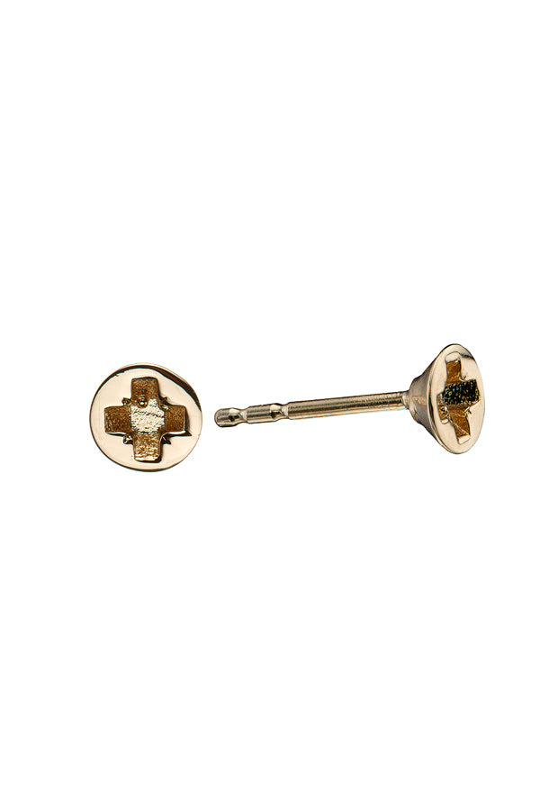 Edge Only mini Cross-head screw earrings in solid 100% recycled 14 carat gold. side view 