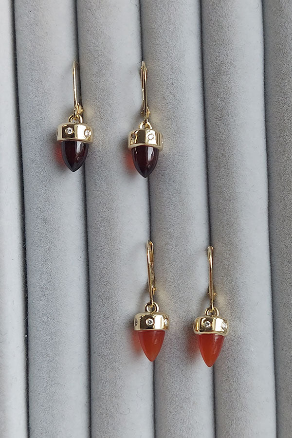 Edge Only 9ct gold Garnet and Carnelian diamond drop earrings on velvet