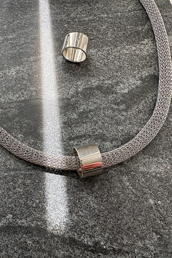 Edge Only Circular Bead Mesh Necklace. Recycled sterling silver tubular bead