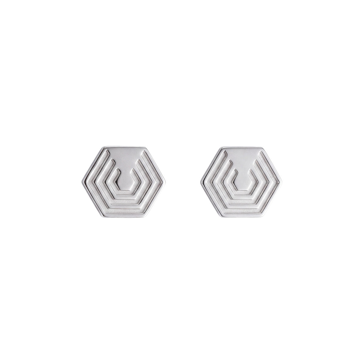 Edge Only Hexagon Earrings in recycled sterling silver on a white background.