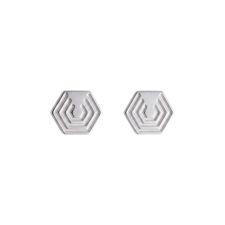 Edge Only Hexagon Earrings in recycled sterling silver on a white background.