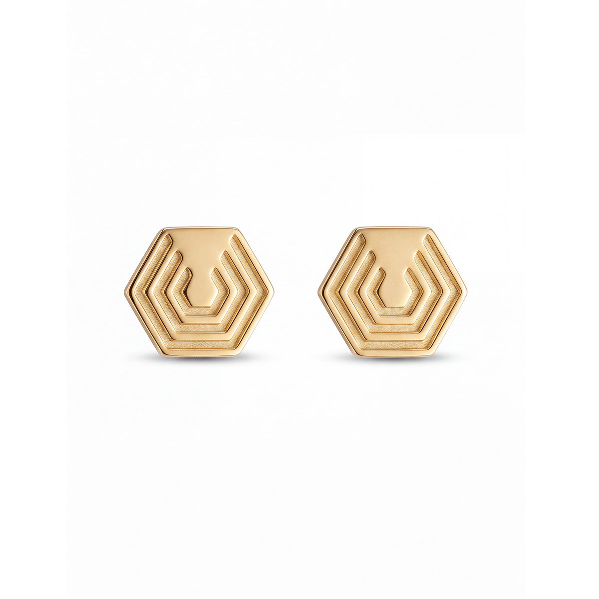 Edge Only Hexagon Earrings in 18ct gold vermeil on a white background.