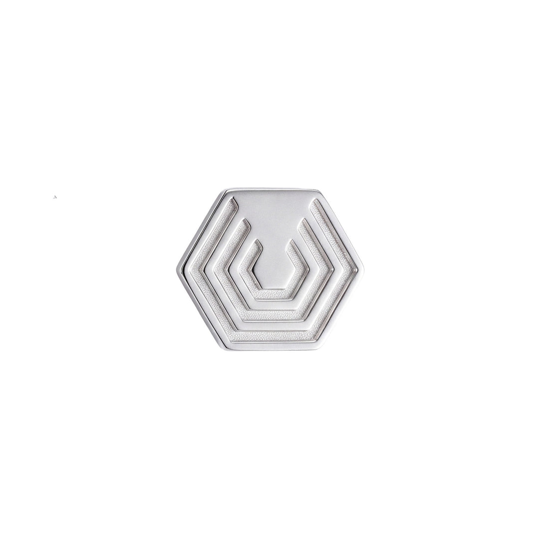 Edge Only Hexagon Pin in recycled sterling silver on a white background