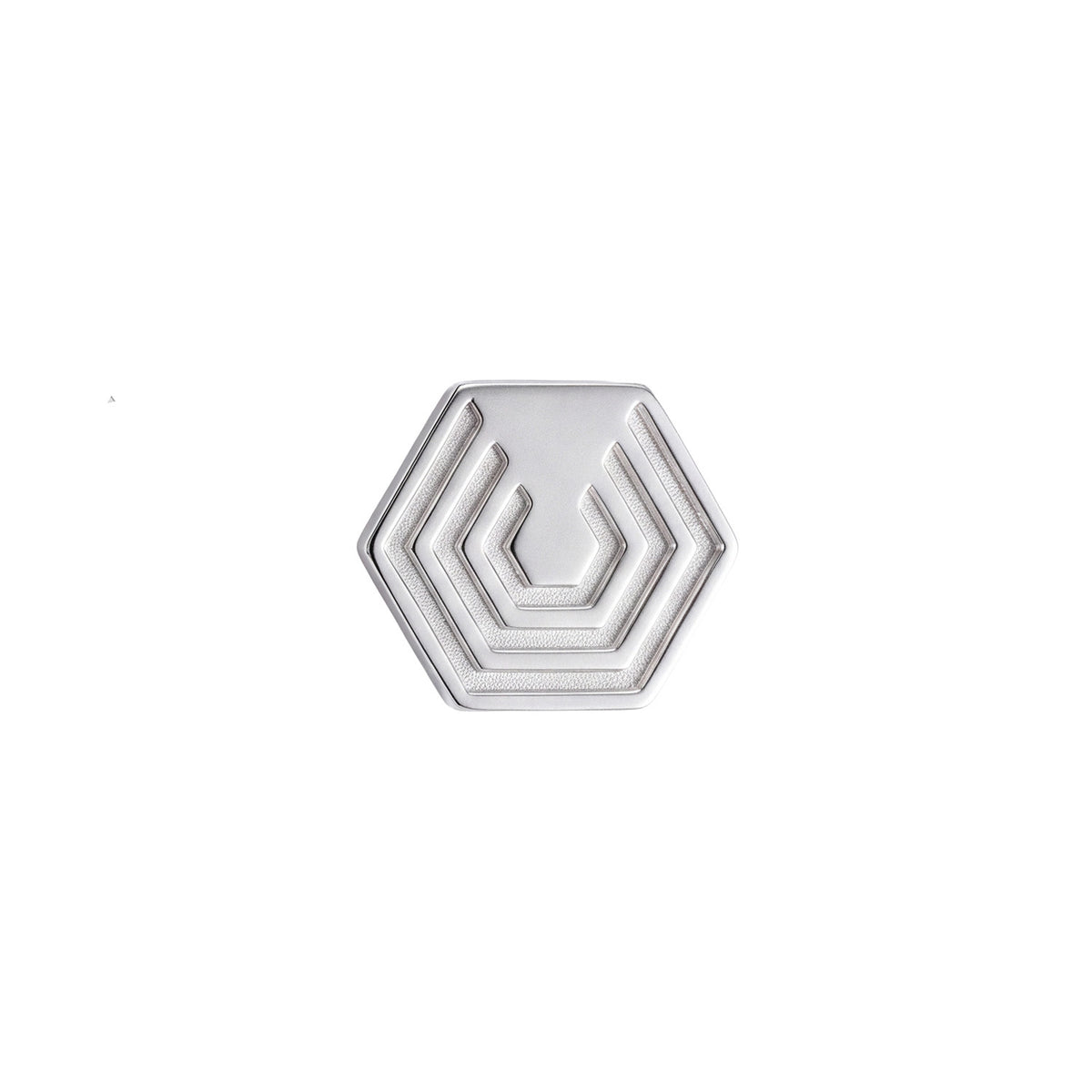Edge Only Hexagon Pin in recycled sterling silver on a white background