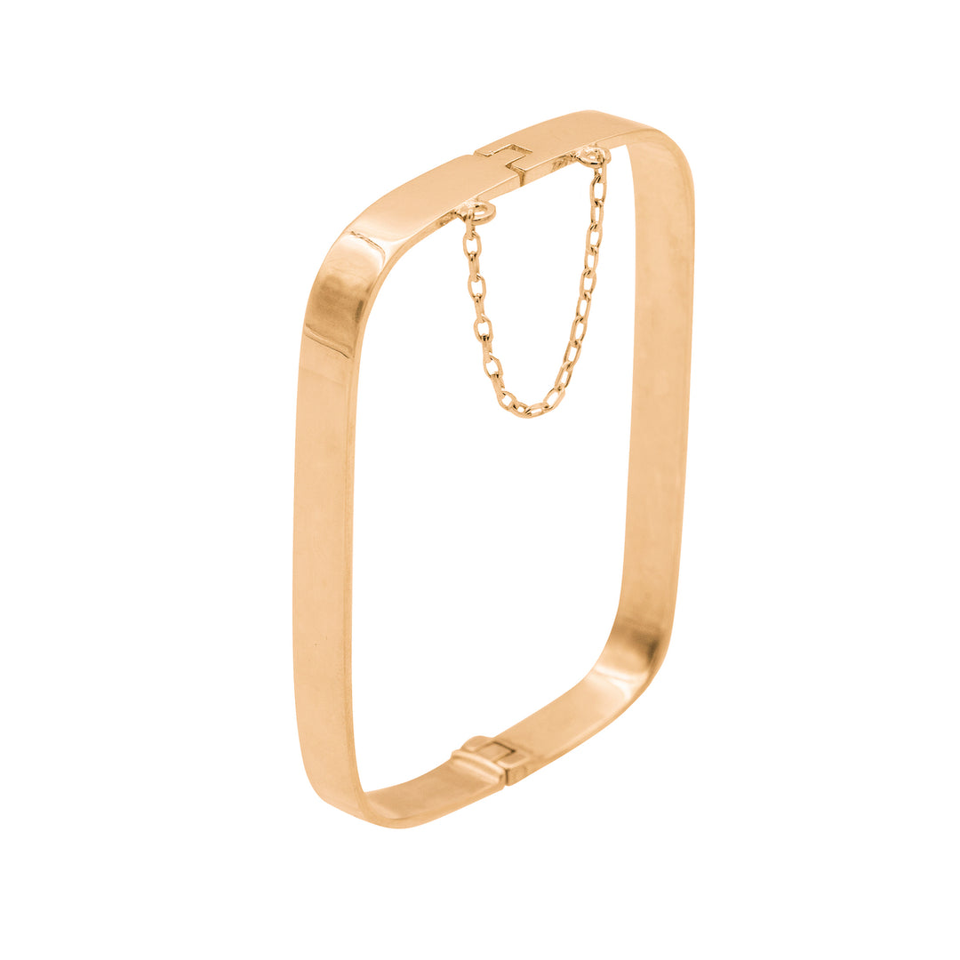 Edge Only Hinged Rectangular Bangle in 18ct gold vermeil closed with safety chain
