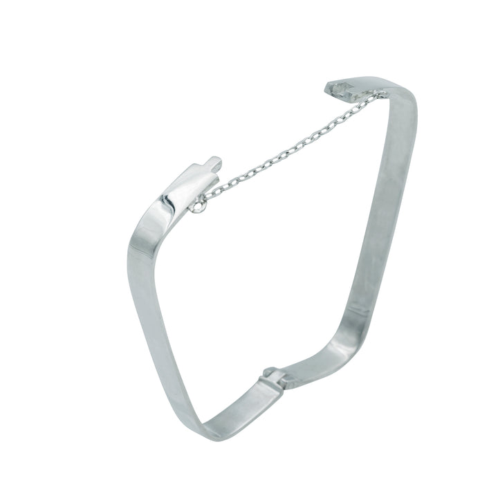 Edge Only Hinged Rectangular Bangle in sterling silver open with safety chain