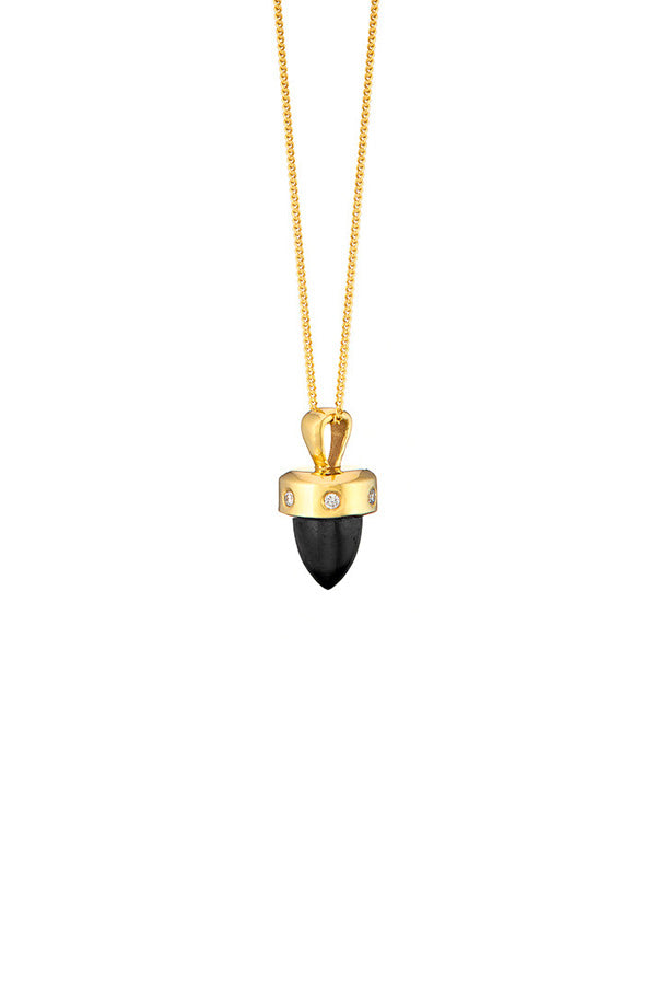 Edge Only Limited Edition Black Spinel and Diamond Pendant in recycled 14 carat gold. Side view