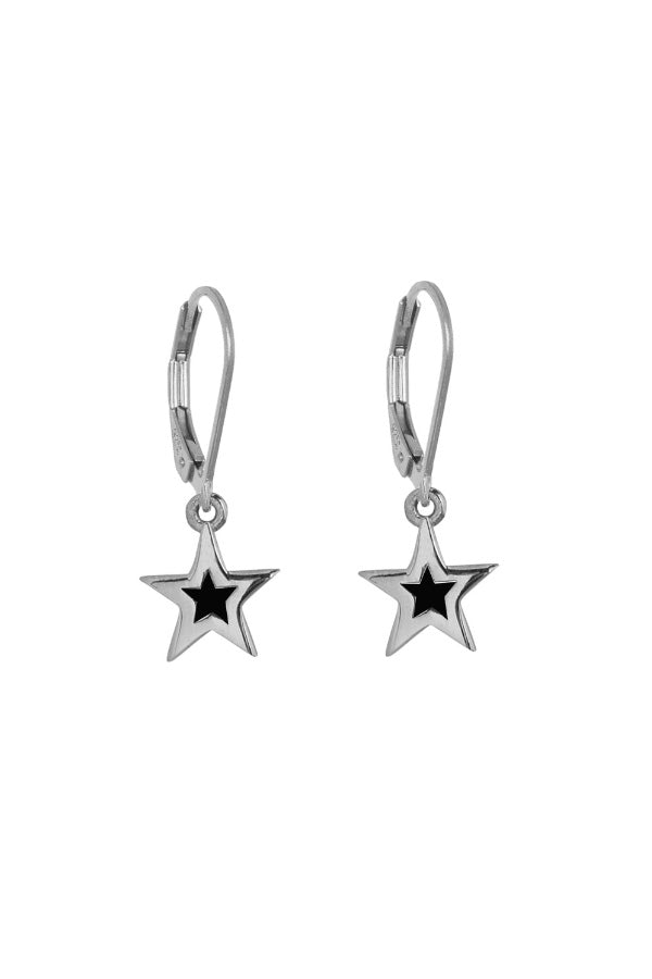 Edge Only Mini Megastar Drop Earrings oxidised recycled sterling silver. Black inner star