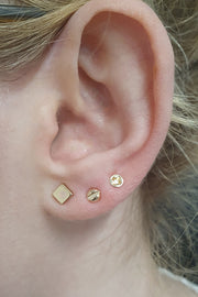 Edge Only Square Earrings 9ct gold, Mini Cross-head and Flat-head screw earrings 14ct gold modelled on ear